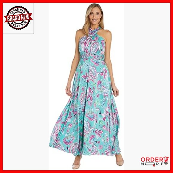 Sleeveless Floral Satin Halter Maxi Dress with Waistband & Back Zipper